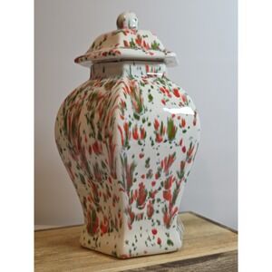 Vintage Speckled Orange and Green Ginger Jar With Lid Signed